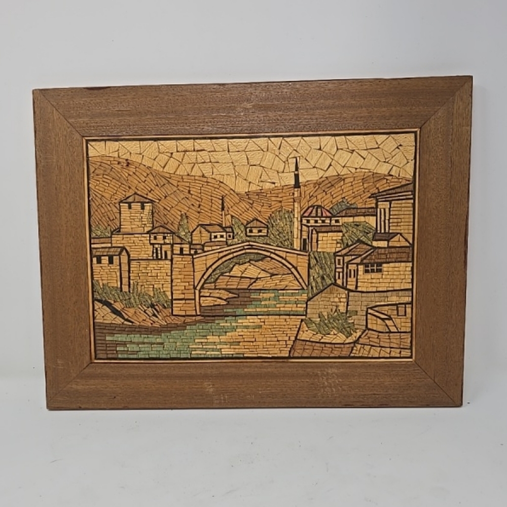 Vtd wood micro mosaic Mostar Europe mid century wall art picture‎ Yugoslavian